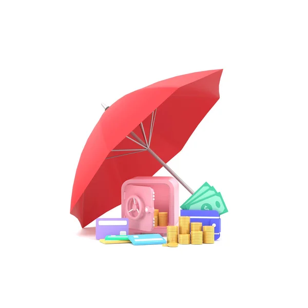 Red Umbrella Piles Golden Coins Banknotes Safe — Stok fotoğraf