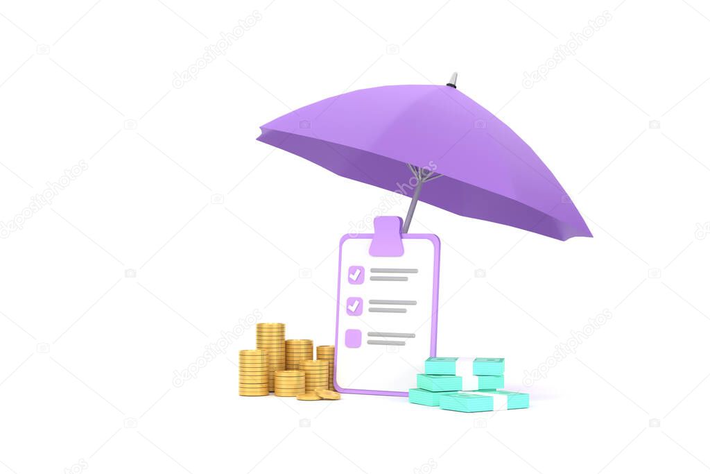 3D. Piles of golden coins and banknotes under purple umbrella.