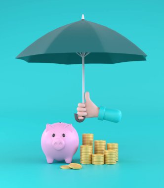3D. Cartoon hand holding green umbrella to protect money. illustration for savings concept