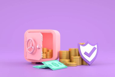 Üç boyutlu. Güvenli, para ve banknotlar sembol iş tasarrufu için