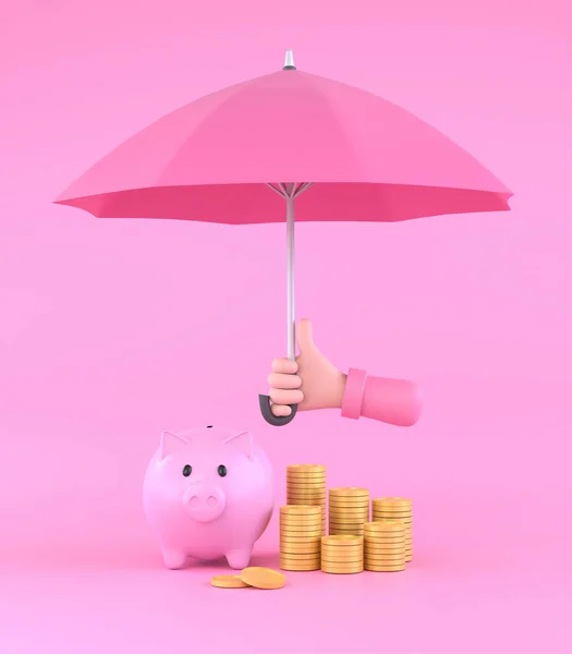 3D. Cartoon hand holding pink umbrella to protect money. illustration for savings concept