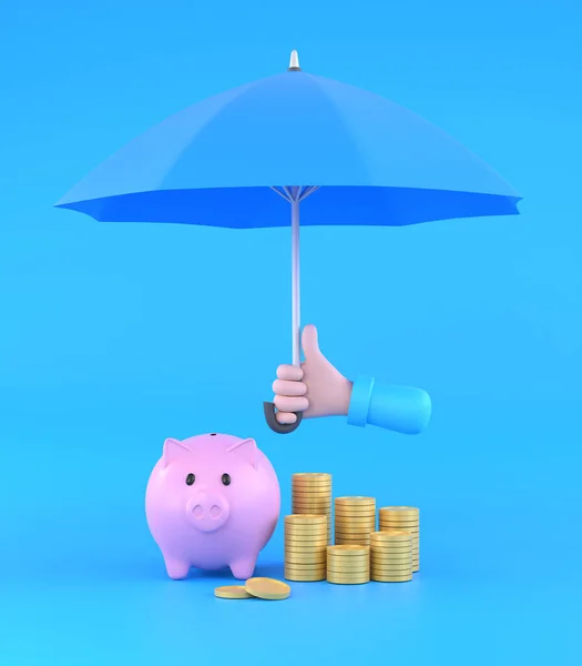 3D. Cartoon hand holding blue umbrella to protect money. illustration for savings concept