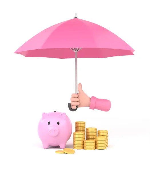 Cartoon Hand Holding Pink Umbrella Protect Money Illustration Savings Concept — Stock fotografie