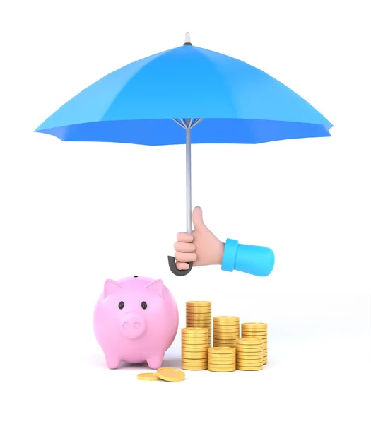 Cartoon Hand Holding Blue Umbrella Protect Money Illustration Savings Concept — Stockfoto