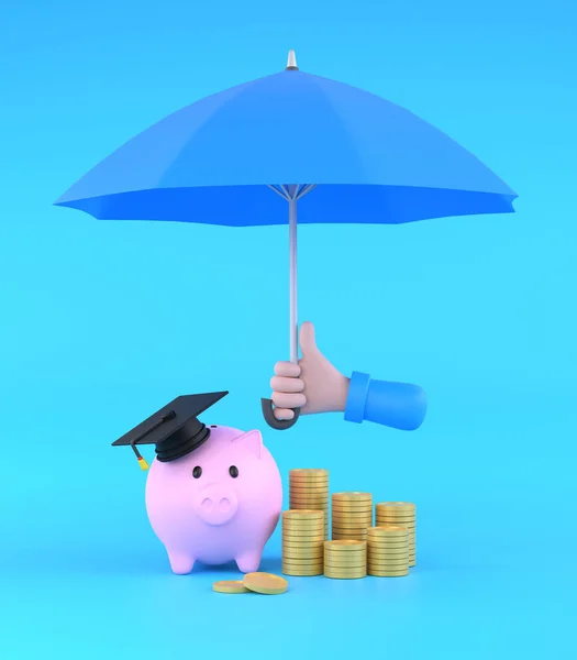 Cartoon Hand Holding Blue Umbrella Protect Piggy Bank Money Education — Stock Fotó
