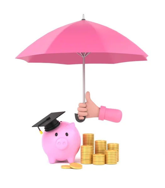 Cartoon Hand Holding Pink Umbrella Protect Piggy Bank Money Education — Stockfoto