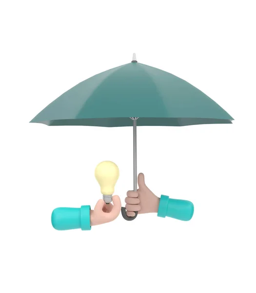 3D. Cartoon hand holding green umbrella to protect light bulb, copyright concept