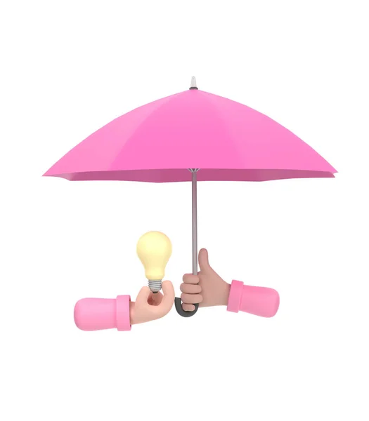 3D. Cartoon hand holding pink umbrella to protect light bulb, copyright concept