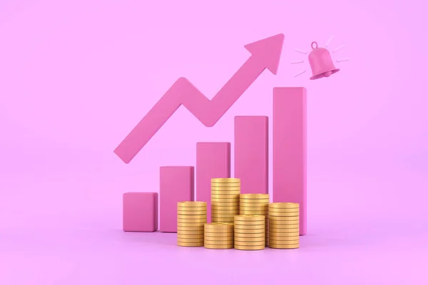 3D. pink rising arrow and profit bar graph with multiple arrangements of coins.