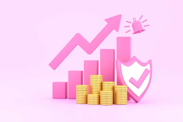 3D. Pink rising arrow, profit bar graph and shield with multiple arrangements of coins.