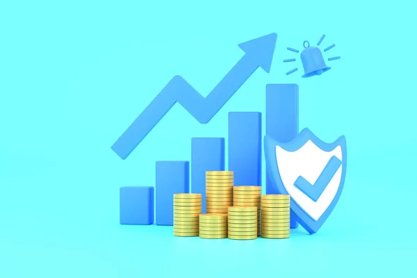 3D. blue rising arrow, profit bar graph and shield with multiple arrangements of coins.