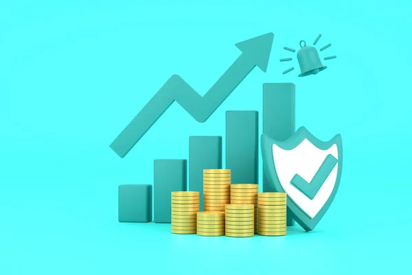 3D. Green rising arrow, profit bar graph and shield with multiple arrangements of coins.