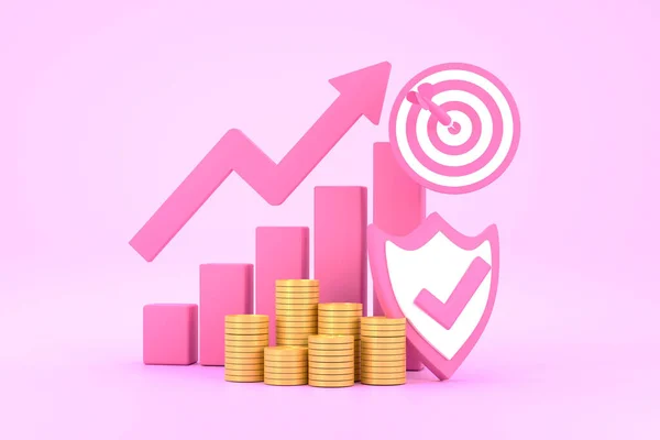 3D. Pink rising arrow, profit bar graph and shield with multiple arrangements of coins.