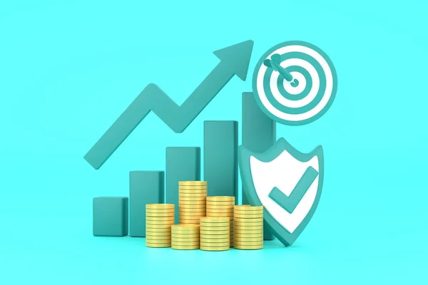 3D. Green rising arrow, profit bar graph and shield with multiple arrangements of coins.