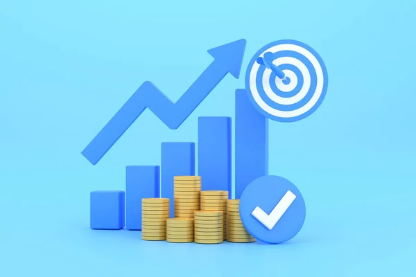 3D. Blue rising arrow, profit bar graph and shield with multiple arrangements of coins.