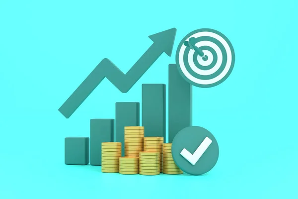 3D. Green rising arrow, profit bar graph and shield with multiple arrangements of coins.