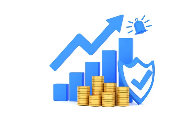 3D. Blue rising arrow, profit bar graph and shield with multiple arrangements of coins.