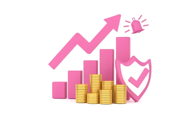 3D. Pink rising arrow, profit bar graph and shield with multiple arrangements of coins.