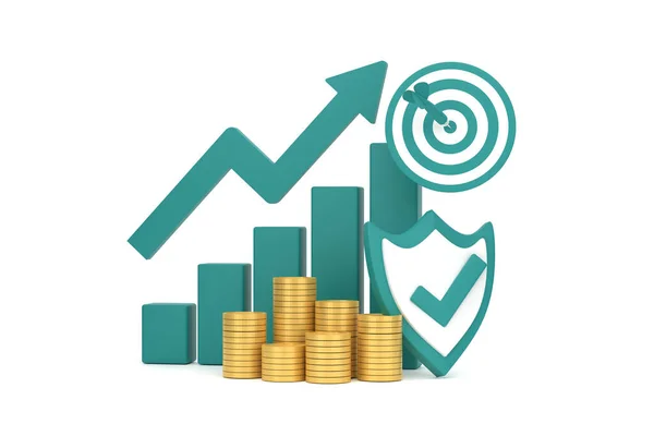 3D. Green rising arrow, profit bar graph and shield with multiple arrangements of coins.