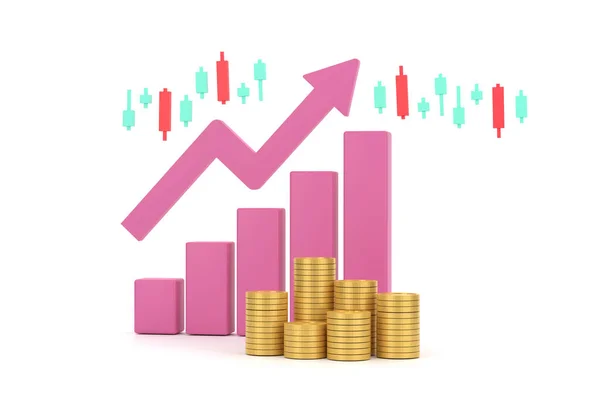 3D. Pink rising arrow, profit bar graph and shield with multiple arrangements of coins.