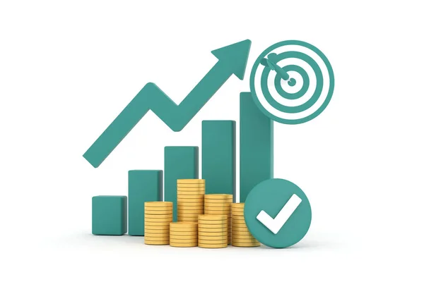 3D. Green rising arrow, profit bar graph and shield with multiple arrangements of coins.