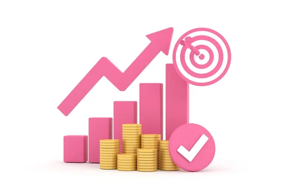 3D. Pink rising arrow, profit bar graph and shield with multiple arrangements of coins.