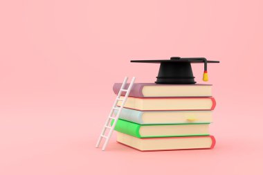 3D Eğitimde Bir Merdiven İstirahat Ediyor Mezuniyet Şapkalı Bir Kitap Yığına Karşı