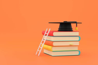 3D Eğitimde Bir Merdiven İstirahat Ediyor Mezuniyet Şapkalı Bir Kitap Yığına Karşı