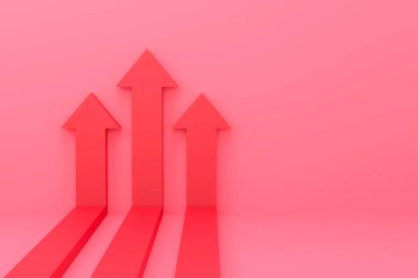 Üç boyutlu. Duvarda yükselen kırmızı oklar, büyüme grafiği ya da grafik yatırımı - ekonomik büyümeyi kıran gerileyici