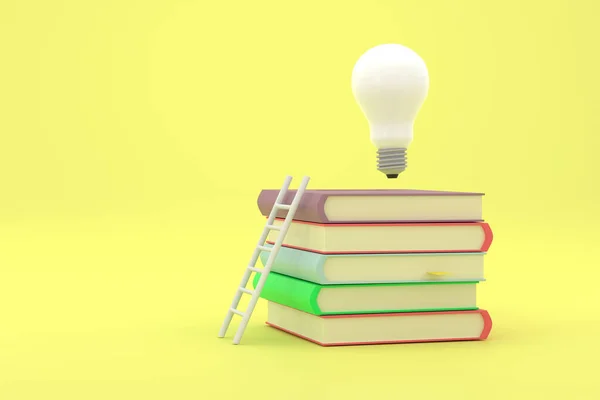 3D. stack of books with white ladder and illuminated light bulb on top of them