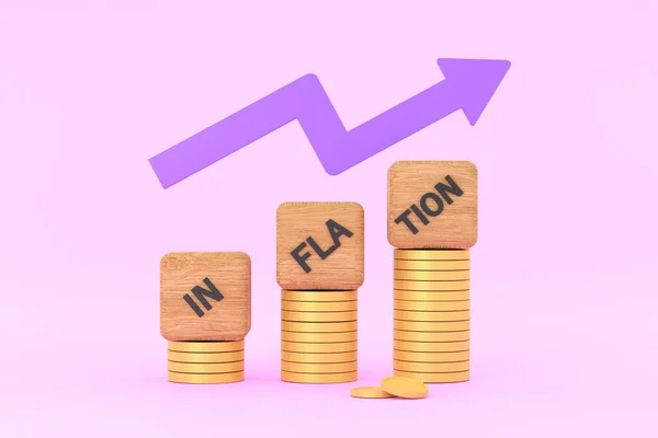 Een Inflatie Woord Een Houten Kubus Munten Idee Wereldeconomie Inflatie — Stockfoto