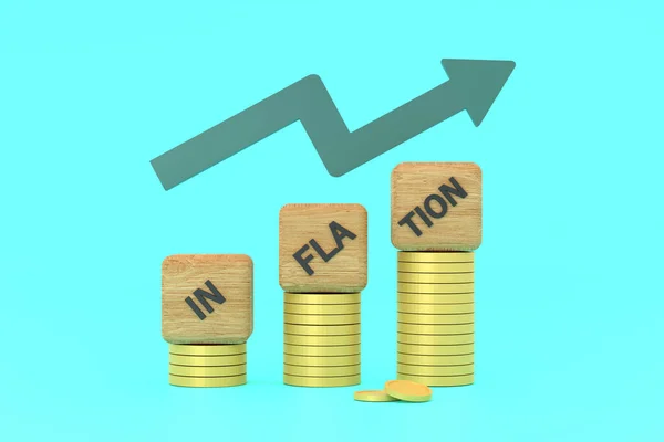 Een Inflatie Woord Een Houten Kubus Munten Idee Wereldeconomie Inflatie — Stockfoto
