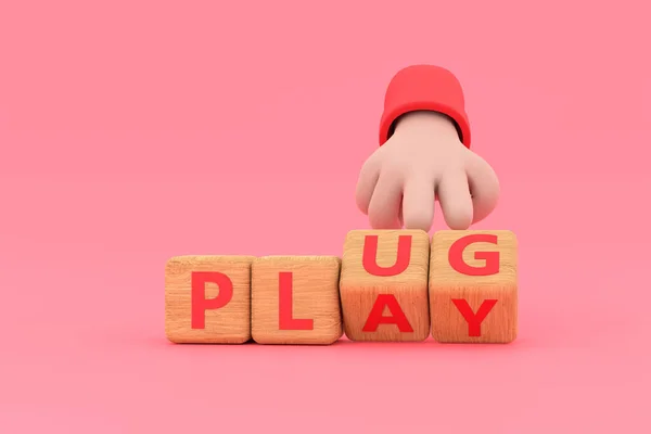 Mano Gira Los Dados Cambia Palabra Plug Play — Foto de Stock