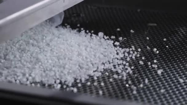 Granuli di plastica su un tavolo vibrante. Produzione di composti polimerici — Video Stock