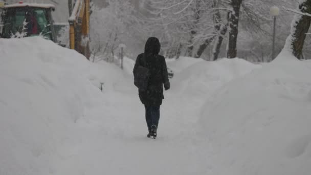 Kışın sokak arasında. Şiddetli bir kar yağışı altında bir kadın yürüyor. — Stok video