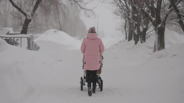 Elinde bebek arabası olan genç bir anne kış şehrinde yürüyor. Şiddetli bir kar yağışı kaldırımı ve çevresindeki her şeyi kapladı.. — Stok video
