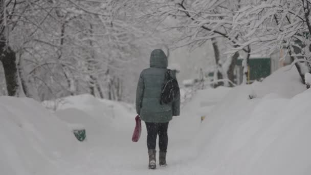 Miejska uliczka w zimie. Kobieta chodzi w ciężkich opadach śniegu. — Wideo stockowe