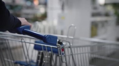 Markette elinde market arabası olan bir kadın. Çerçevede eller ve bir alışveriş sepeti var..