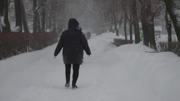 Городская аллея зимой. Женщина идет под сильным снегопадом. — стоковое видео