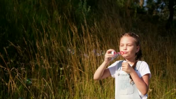 Schöne süße Mädchen weht Seifenblasen im Park. — Stockvideo