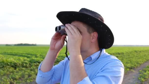 Verrassende blik van een jonge landbouwkundige die door een verrekijker op het veld kijkt. — Stockvideo
