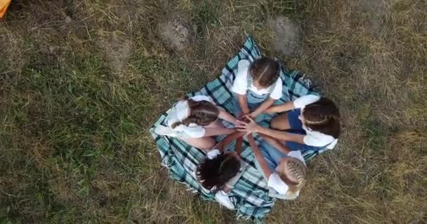 Pięcioro Wesołych Dzieci Siedzących Trawie Parku Uśmiechających Się Gry Obozie — Wideo stockowe