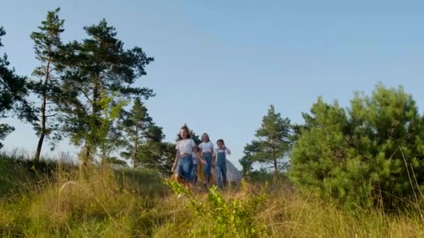 Fröhliche Kinder Laufen Gemeinsam Wald Herum Und Haben Spaß Glückliche — Stockvideo