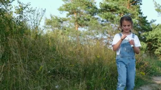 快乐的小女孩在开阔的森林里吹肥皂泡 — 图库视频影像