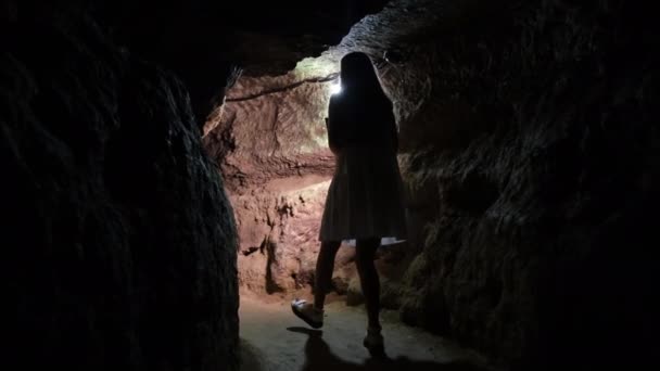 Een geoloog bestudeert de opgravingen van een kristallen grot. — Stockvideo