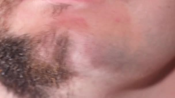 Closeup of happy man with half shaved face beard hair. — Stock Video