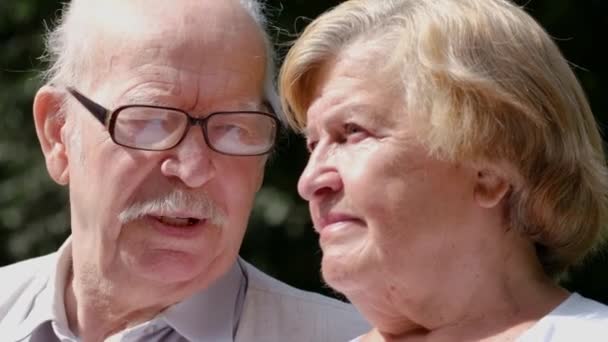 Großeltern kommunizieren miteinander, sie sitzen im Park — Stockvideo