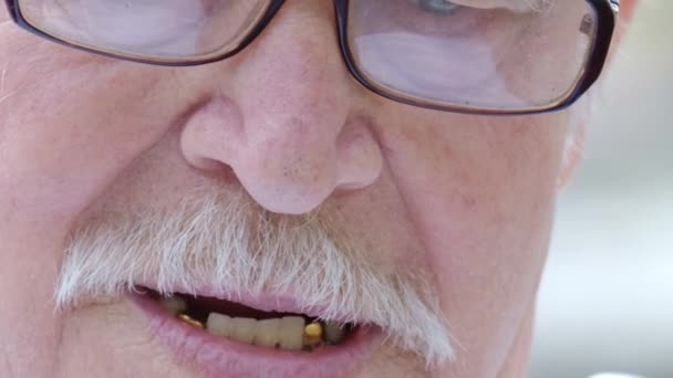 Een oudere grootvader met een grijze snor en bril praat., — Stockvideo