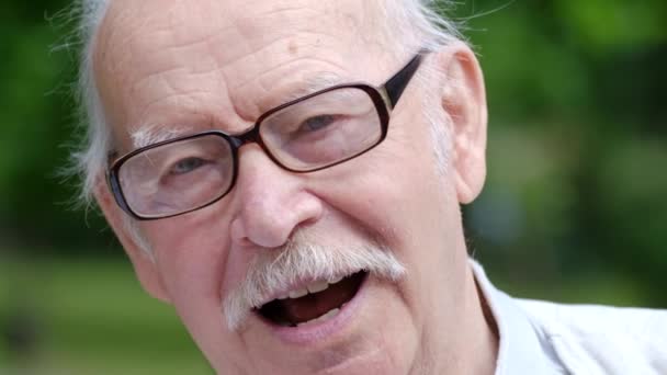 Grand-père avec une moustache grise et des lunettes parle joyeusement et émotionnellement à la caméra. — Video