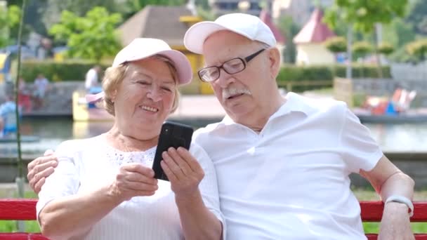 Šťastný starší pár s chytrým telefonem v letním parku. — Stock video